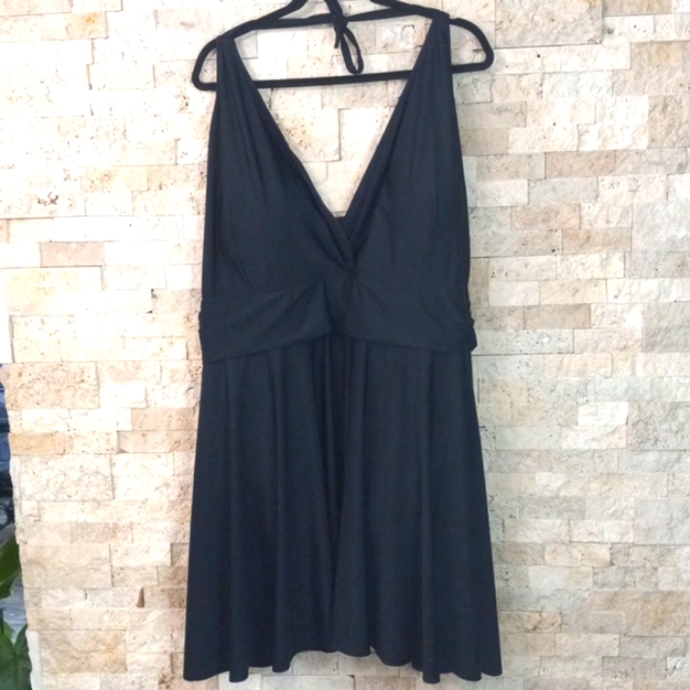 BloomChic Solid Hem Empire Waist Halter Neck Swim Dress